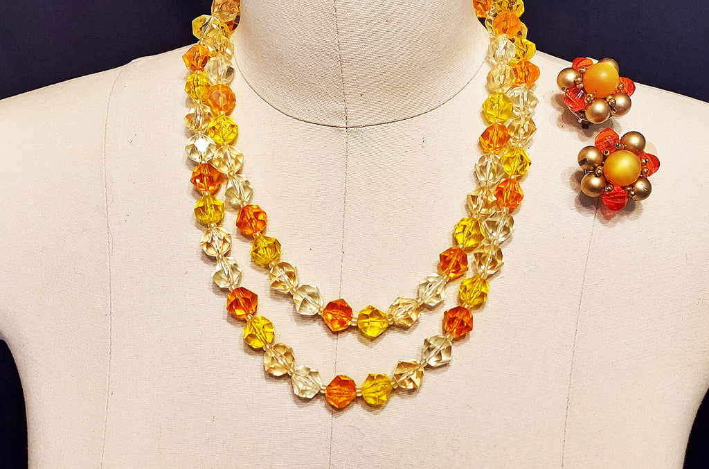 *VINTAGE '40S / '50S SPARKLING FALL MULTI COLORED WEST GERMANY BEADED NECKLACE WITH MOONSTONE EARRINGS