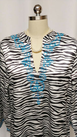 *NEW - NEVER WORN - DRAMATIC IMAN BLACK & WHITE ZEBRA WITH TURQUOISE EMBROIDERY DRESSING GOWN /AT HOME LOUNGER/ CAFTAN / POOL DRESS / EVENING GOWN