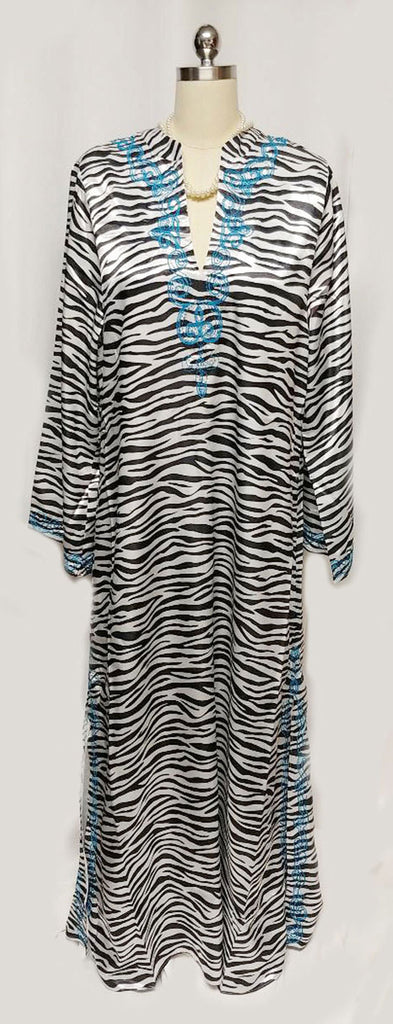 *NEW - NEVER WORN - DRAMATIC IMAN BLACK & WHITE ZEBRA WITH TURQUOISE EMBROIDERY DRESSING GOWN /AT HOME LOUNGER/ CAFTAN / POOL DRESS / EVENING GOWN
