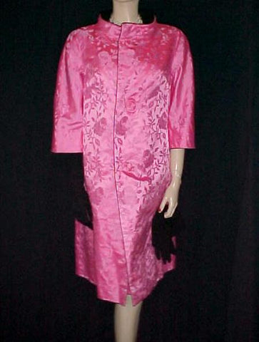 * GORGEOUS VINTAGE 1960s- EARLY 1970s HOT PINK ROSE SATIN BROCADE DRESS WITH METAL ZIPPER & REVERSIBLE COAT FOR 2 DIFFERENT LOOKS - MADE IN HONG KONG